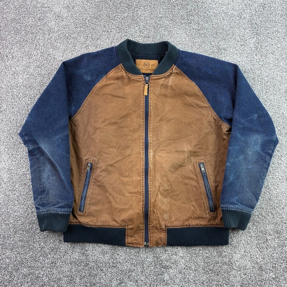 Nifty Genius Bomber Jacket Mens XL Brown Navy Canvas Raglan Full Zip Faded